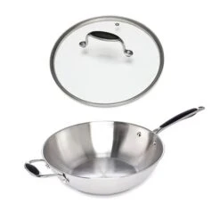 Lot Wok Tout Inox Et Couvercle Verre 30 Cm Excell'Inox