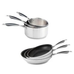 Batterie De Cuisine Excell'inox 3 Poêles Inox Revêtu Et 3 Casseroles Inox