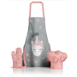 Ensemble Gant, Toque Et Tablier De Cuisine Impression Licorne Enfant